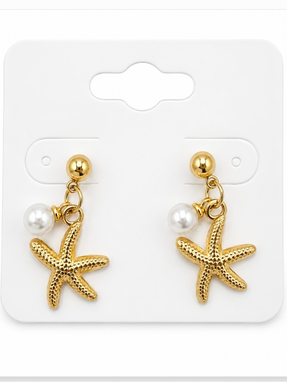 18K Gold Plated Starfish Faux Pearl Dangle Earrings Coastal Chic Summer Luxe NWT